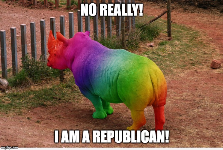 Rainbow rhino | NO REALLY! I AM A REPUBLICAN! | image tagged in rainbow rhino | made w/ Imgflip meme maker