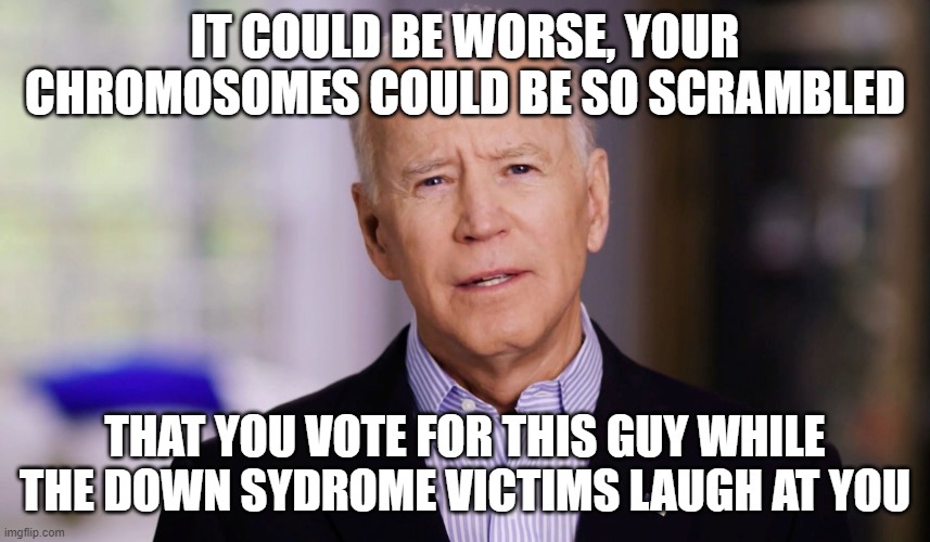 Joe Biden 2020 | IT COULD BE WORSE, YOUR CHROMOSOMES COULD BE SO SCRAMBLED THAT YOU VOTE FOR THIS GUY WHILE THE DOWN SYDROME VICTIMS LAUGH AT YOU | image tagged in joe biden 2020 | made w/ Imgflip meme maker