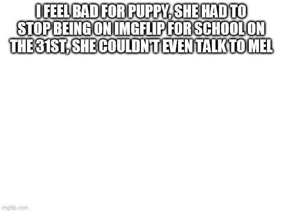 Blank White Template |  I FEEL BAD FOR PUPPY, SHE HAD TO STOP BEING ON IMGFLIP FOR SCHOOL ON THE 31ST, SHE COULDN'T EVEN TALK TO MEL | image tagged in blank white template | made w/ Imgflip meme maker