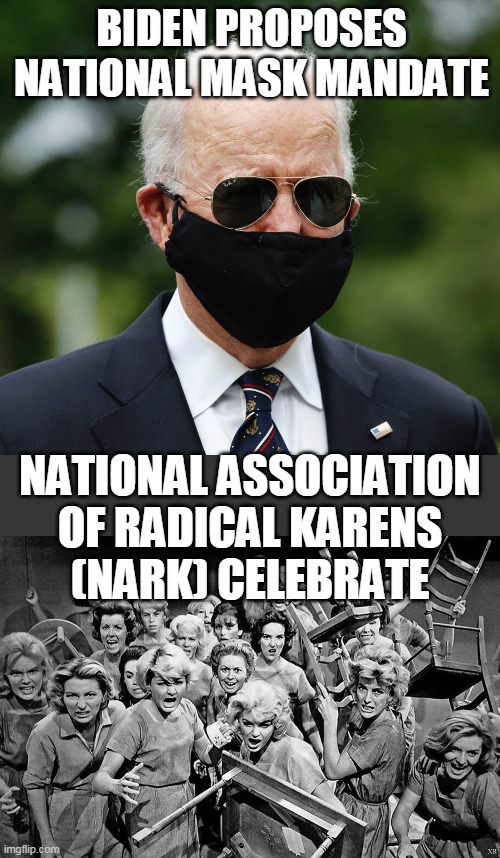 BIDEN PROPOSES NATIONAL MASK MANDATE; NATIONAL ASSOCIATION OF RADICAL KARENS
(NARK) CELEBRATE | image tagged in angry women,biden mask | made w/ Imgflip meme maker