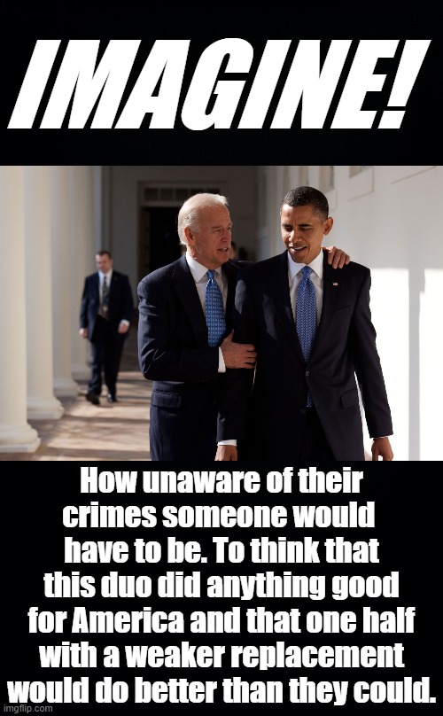 THE DEMS ARE NOW 4 YEARS BEHIND IN THEIR PLAN FOR THE DESTRUCTION OF U.S.A DONT LET THEM SELL US OUT ANYMORE,VOTE 4 ANYONE ELSE! | IMAGINE! How unaware of their crimes someone would  have to be. To think that this duo did anything good for America and that one half with a weaker replacement would do better than they could. | image tagged in obama biden,crimes of the obama,biden obama crime syndicate,anti american sellouts,barry soetoro,lock up your minors | made w/ Imgflip meme maker