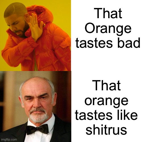 It tasted a little bitter | That Orange tastes bad; That
orange
tastes like
shitrus | image tagged in memes,drake hotline bling,orange,citrus,sean connery,funny | made w/ Imgflip meme maker