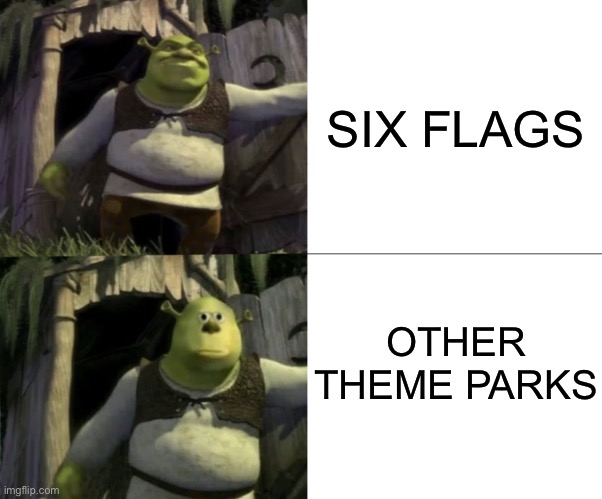 Shocked Shrek Face Swap | SIX FLAGS; OTHER THEME PARKS | image tagged in shocked shrek face swap,six flags,memes,theme park | made w/ Imgflip meme maker