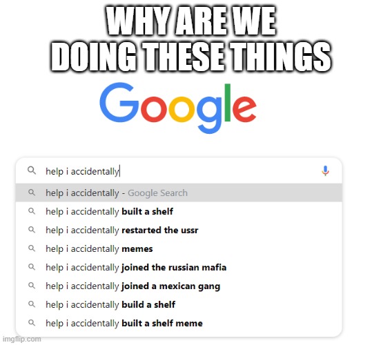 why | WHY ARE WE DOING THESE THINGS | image tagged in google search,memes,funny,help,google | made w/ Imgflip meme maker