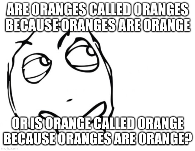 uhh | ARE ORANGES CALLED ORANGES BECAUSE ORANGES ARE ORANGE; OR IS ORANGE CALLED ORANGE BECAUSE ORANGES ARE ORANGE? | image tagged in hmmm | made w/ Imgflip meme maker