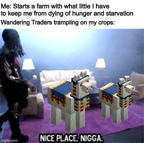 Only useful for leads really | Me: Starts a farm with what little I have to keep me from dying of hunger and starvation; Wandering Traders trampling on my crops: | image tagged in nice place,wandering traders,minecraft | made w/ Imgflip meme maker