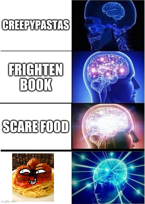 creepy pasta | CREEPYPASTAS; FRIGHTEN BOOK; SCARE FOOD | image tagged in memes,expanding brain | made w/ Imgflip meme maker