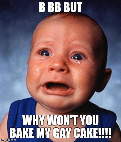 Crying baby  | B BB BUT WHY WON'T YOU BAKE MY GAY CAKE!!!! | image tagged in crying baby | made w/ Imgflip meme maker