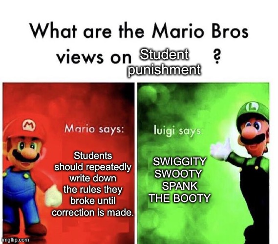 Mario Bros. Views |  Student punishment; Students should repeatedly write down the rules they broke until correction is made. SWIGGITY SWOOTY 
SPANK THE BOOTY | image tagged in mario bros views | made w/ Imgflip meme maker