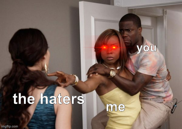 Protected Kevin Hart | you; the haters; me | image tagged in protected kevin hart | made w/ Imgflip meme maker
