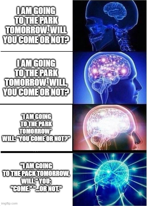 Expanding Brain | I AM GOING TO THE PARK TOMORROW. WILL YOU COME OR NOT? I AM GOING TO THE PARK TOMORROW. WILL, YOU COME OR NOT? *I AM GOING TO THE PARK TOMORROW* 
WILL: "YOU COME OR NOT?"; "I AM GOING TO THE PACK TOMORROW, WILL." YOU: "COME." "...OR NOT." | image tagged in memes,expanding brain | made w/ Imgflip meme maker