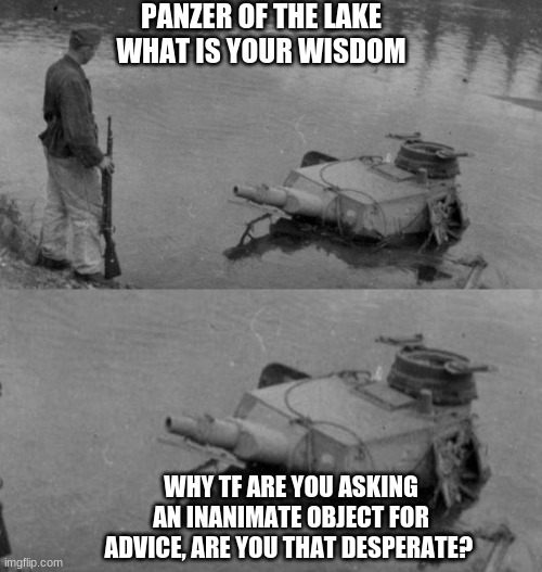I... don't even know | PANZER OF THE LAKE WHAT IS YOUR WISDOM; WHY TF ARE YOU ASKING AN INANIMATE OBJECT FOR ADVICE, ARE YOU THAT DESPERATE? | image tagged in panzer of the lake | made w/ Imgflip meme maker