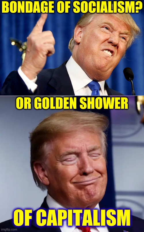 BONDAGE OF SOCIALISM? OR GOLDEN SHOWER; OF CAPITALISM | image tagged in donald trump,golden showers,trump lost,election 2020,russia,blackmail | made w/ Imgflip meme maker