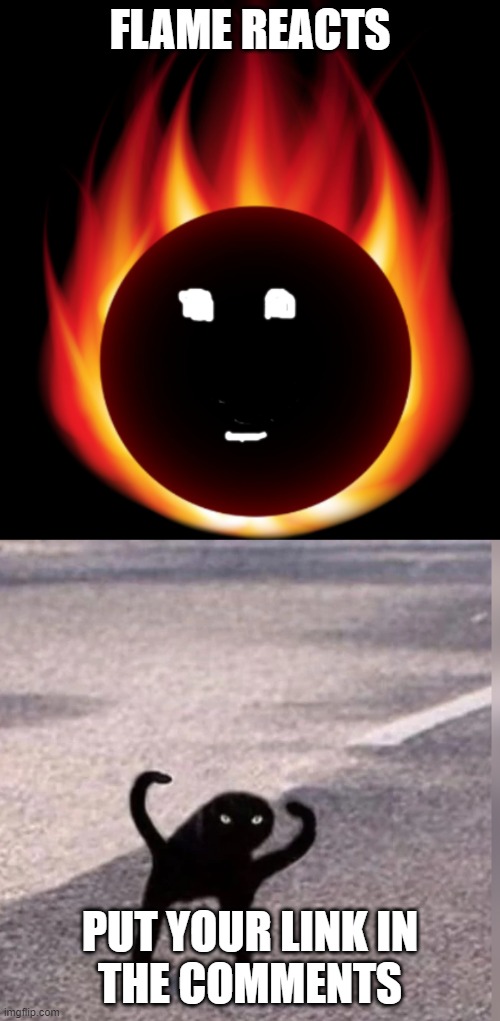 FLAME REACTS; PUT YOUR LINK IN THE COMMENTS | image tagged in cursed cat,flame | made w/ Imgflip meme maker