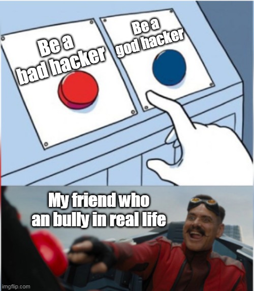 be a good or bad hacker? | Be a god hacker; Be a bad hacker; My friend who an bully in real life | image tagged in robotnik pressing red button,meme | made w/ Imgflip meme maker