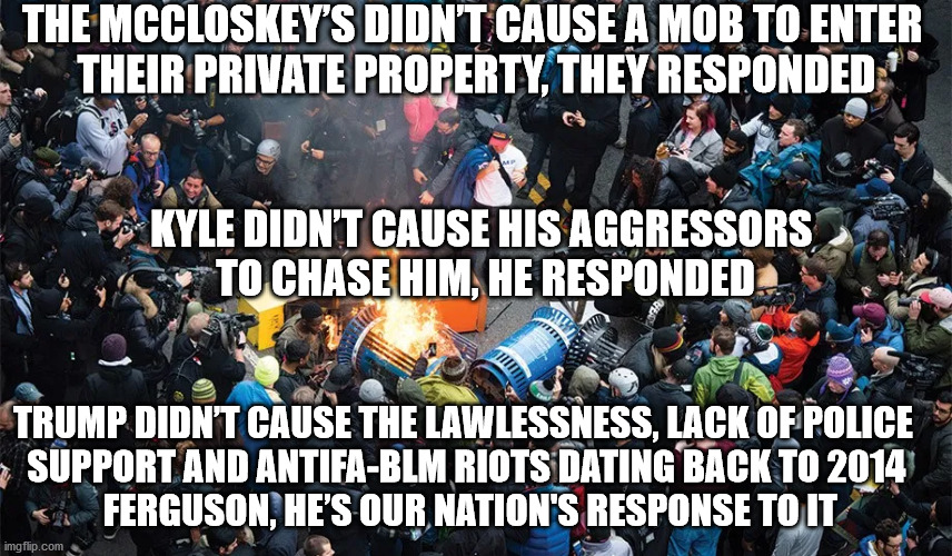 Cause or effect? | THE MCCLOSKEY’S DIDN’T CAUSE A MOB TO ENTER 
THEIR PRIVATE PROPERTY, THEY RESPONDED; KYLE DIDN’T CAUSE HIS AGGRESSORS 
TO CHASE HIM, HE RESPONDED; TRUMP DIDN’T CAUSE THE LAWLESSNESS, LACK OF POLICE 
SUPPORT AND ANTIFA-BLM RIOTS DATING BACK TO 2014
 FERGUSON, HE’S OUR NATION'S RESPONSE TO IT | image tagged in riots,antifa,looting,sleepy joe | made w/ Imgflip meme maker