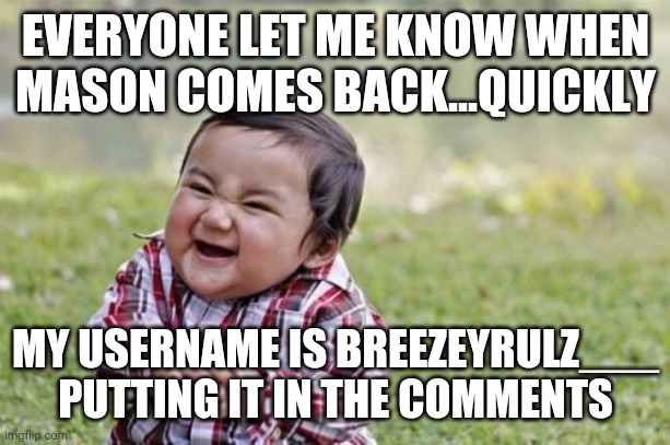 I just really want to tell Mason to back off | EVERYONE LET ME KNOW WHEN MASON COMES BACK...QUICKLY; MY USERNAME IS BREEZEYRULZ___
PUTTING IT IN THE COMMENTS | image tagged in mason,roasting,please help | made w/ Imgflip meme maker