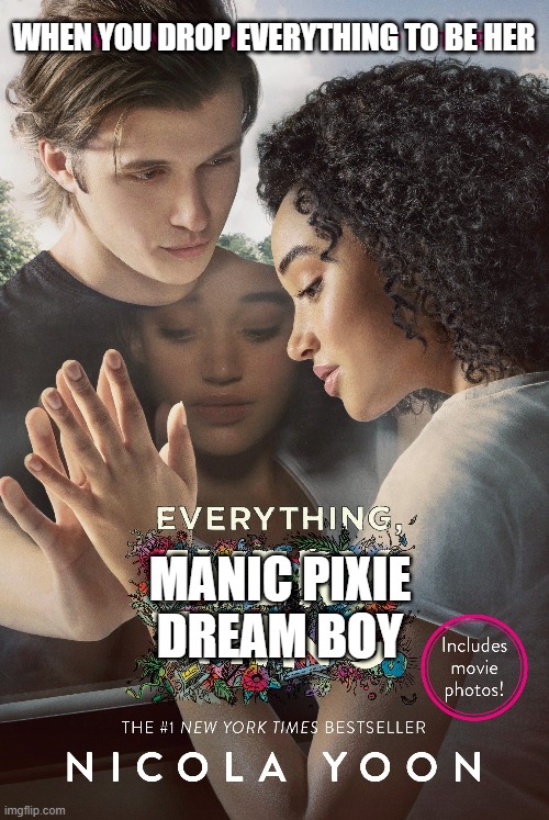 Everything Everything Nicola Yoon | WHEN YOU DROP EVERYTHING TO BE HER; MANIC PIXIE
DREAM BOY | image tagged in young adult,literature | made w/ Imgflip meme maker
