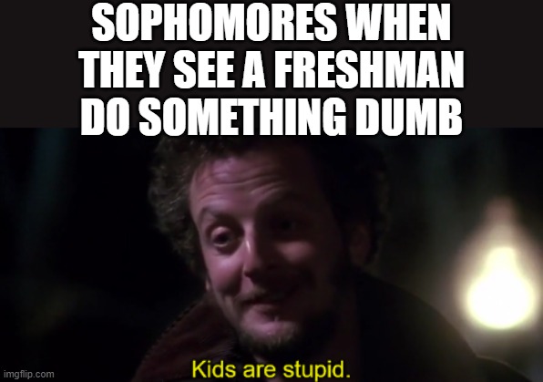 kids are stupid. | SOPHOMORES WHEN THEY SEE A FRESHMAN DO SOMETHING DUMB | image tagged in kids are stupid,i'm 15 so don't try it,who reads these | made w/ Imgflip meme maker