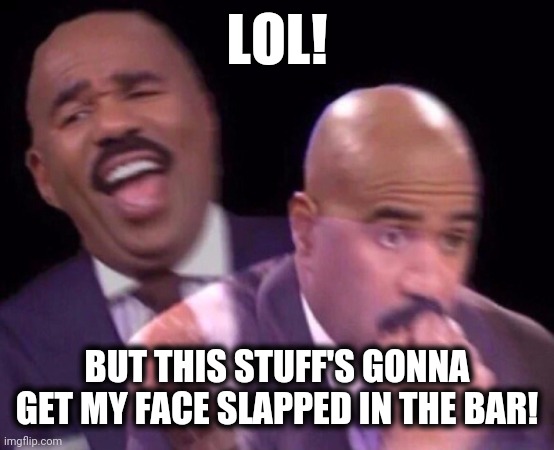 Steve Harvey Laughing Serious | LOL! BUT THIS STUFF'S GONNA GET MY FACE SLAPPED IN THE BAR! | image tagged in steve harvey laughing serious | made w/ Imgflip meme maker