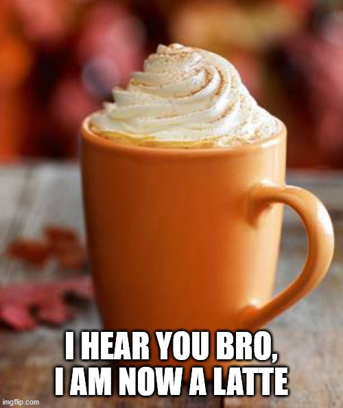 Pumpkin Spice | I HEAR YOU BRO, I AM NOW A LATTE | image tagged in pumpkin spice | made w/ Imgflip meme maker