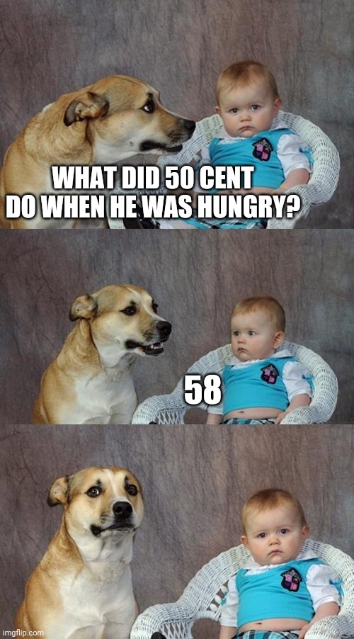 50 Cent Joke | WHAT DID 50 CENT DO WHEN HE WAS HUNGRY? 58 | image tagged in memes,dad joke dog,50 cent | made w/ Imgflip meme maker
