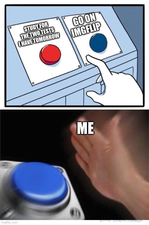 two buttons 1 blue | GO ON IMGFLIP; STUDY FOR THE TWO TESTS I HAVE TOMORROW; ME | image tagged in two buttons 1 blue,memes,funny,fun | made w/ Imgflip meme maker
