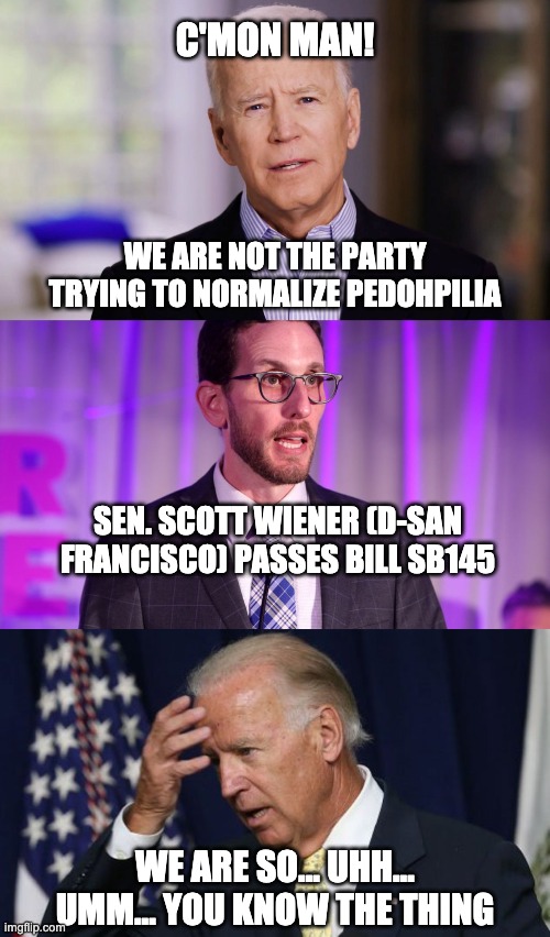 Even Kamala Harris went quiet on the Catholic priests in her district | C'MON MAN! WE ARE NOT THE PARTY TRYING TO NORMALIZE PEDOHPILIA; SEN. SCOTT WIENER (D-SAN FRANCISCO) PASSES BILL SB145; WE ARE SO... UHH... UMM... YOU KNOW THE THING | image tagged in joe biden,pedophilia,leftists | made w/ Imgflip meme maker