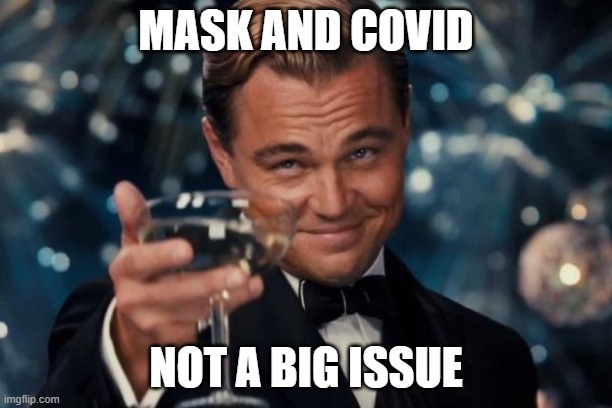 Mask and corona | MASK AND COVID; NOT A BIG ISSUE | image tagged in memes,leonardo dicaprio cheers,mask,covid,covid-19 | made w/ Imgflip meme maker