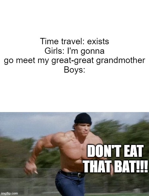 Time travel: exists
Girls: I'm gonna go meet my great-great grandmother
Boys:; DON'T EAT THAT BAT!!! | image tagged in blank white template,running arnold | made w/ Imgflip meme maker