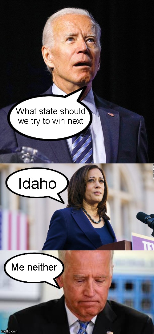 Trump 2020 | What state should we try to win next; Idaho; Me neither | image tagged in joe biden,kamala harris | made w/ Imgflip meme maker