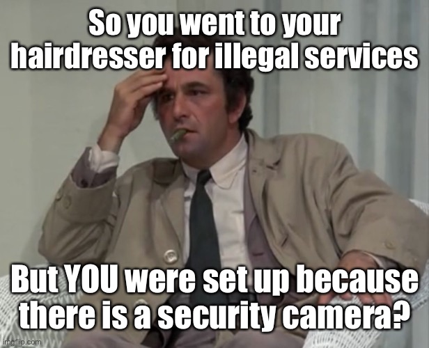 Confused Columbo | So you went to your hairdresser for illegal services But YOU were set up because there is a security camera? | image tagged in confused columbo | made w/ Imgflip meme maker