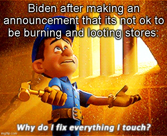 Joe logic | Biden after making an announcement that its not ok to be burning and looting stores: | image tagged in why do i fix everything i touch,sad joe biden | made w/ Imgflip meme maker