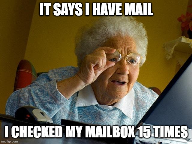 Grandma Finds The Internet | IT SAYS I HAVE MAIL; I CHECKED MY MAILBOX 15 TIMES | image tagged in memes,grandma finds the internet | made w/ Imgflip meme maker