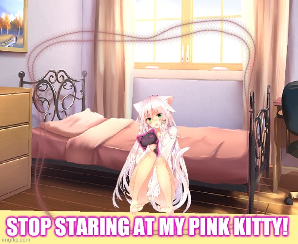 When she catches ya lookin | STOP STARING AT MY PINK KITTY! | image tagged in cute kitty,anime girl | made w/ Imgflip meme maker