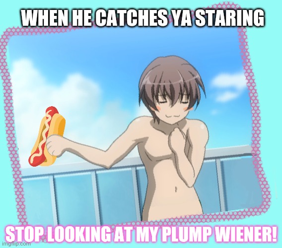 You got caught | WHEN HE CATCHES YA STARING; STOP LOOKING AT MY PLUMP WIENER! | image tagged in anime meme,hotdog,boy | made w/ Imgflip meme maker