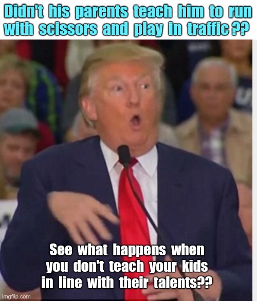 Teaching Kids | Didn't  his  parents  teach  him  to  run
with  scissors  and  play  in  traffic ?? See  what  happens  when
you  don't  teach  your  kids
in  line  with  their  talents?? | image tagged in donald trump,teaching,rick75230 | made w/ Imgflip meme maker