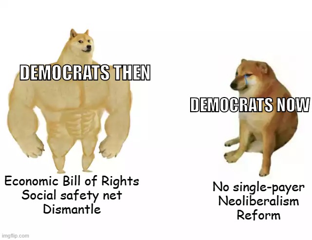 Lame | DEMOCRATS THEN; DEMOCRATS NOW; Economic Bill of Rights
Social safety net
Dismantle; No single-payer
Neoliberalism
Reform | image tagged in buff doge vs cheems,democrats,democratic party,liberalism,neoliberalism,socialism | made w/ Imgflip meme maker