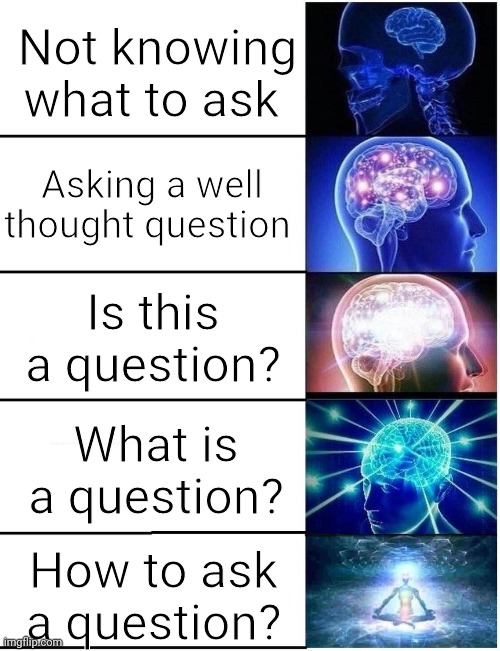 How to ask a question | Not knowing what to ask; Asking a well thought question; Is this a question? What is a question? How to ask a question? | image tagged in expanding brain 5 panel | made w/ Imgflip meme maker