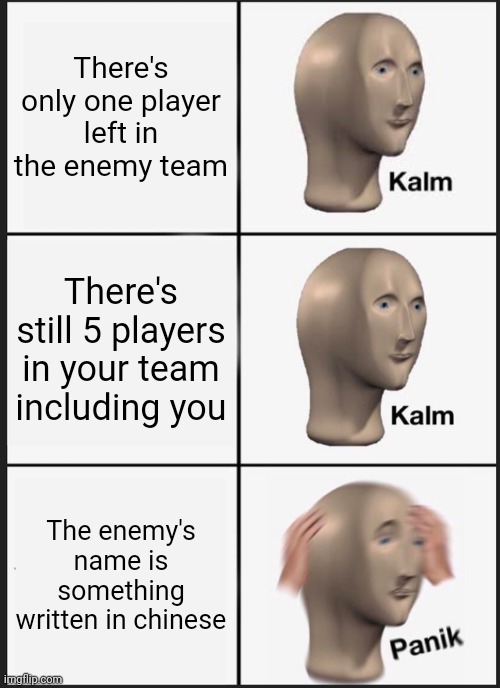 Always happens | There's only one player left in the enemy team; There's still 5 players in your team including you; The enemy's name is something written in chinese | image tagged in memes,panik kalm panik,funny | made w/ Imgflip meme maker