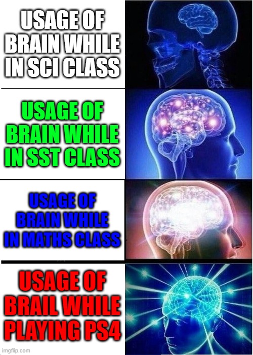 Real life | USAGE OF BRAIN WHILE IN SCI CLASS; USAGE OF BRAIN WHILE IN SST CLASS; USAGE OF BRAIN WHILE IN MATHS CLASS; USAGE OF BRAIL WHILE PLAYING PS4 | image tagged in memes,expanding brain | made w/ Imgflip meme maker