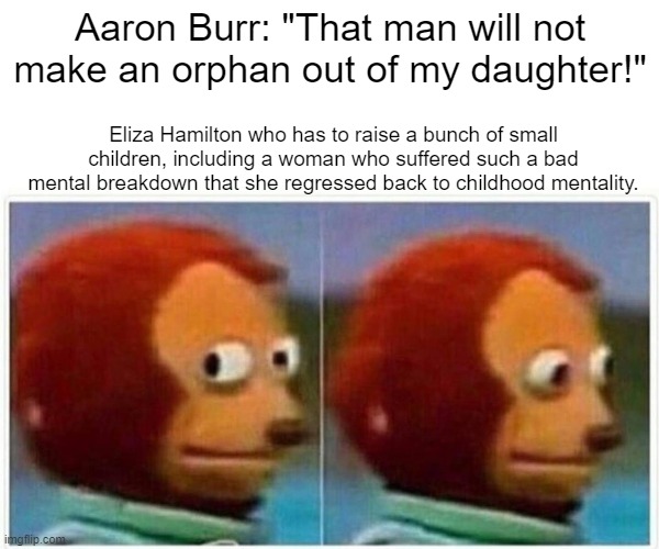 Monkey Puppet | Aaron Burr: "That man will not make an orphan out of my daughter!"; Eliza Hamilton who has to raise a bunch of small children, including a woman who suffered such a bad mental breakdown that she regressed back to childhood mentality. | image tagged in memes,monkey puppet | made w/ Imgflip meme maker