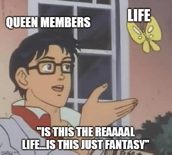 Is This A Pigeon Meme | LIFE; QUEEN MEMBERS; ''IS THIS THE REAAAAL LIFE...IS THIS JUST FANTASY'' | image tagged in memes,is this a pigeon | made w/ Imgflip meme maker