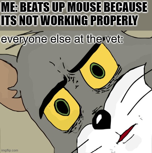 Unsettled Tom | ME: BEATS UP MOUSE BECAUSE 
ITS NOT WORKING PROPERLY; everyone else at the vet: | image tagged in memes,unsettled tom | made w/ Imgflip meme maker