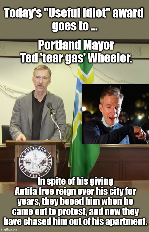You Can Never be 'Woke' Enough | Today's "Useful Idiot" award
 goes to ... Portland Mayor Ted 'tear gas' Wheeler. In spite of his giving Antifa free reign over his city for years, they booed him when he came out to protest, and now they have chased him out of his apartment. | image tagged in ted wheeler,portland,antifa | made w/ Imgflip meme maker