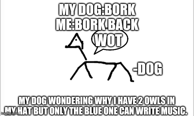 white background | MY DOG:BORK
ME:BORK BACK; WOT; -DOG; MY DOG WONDERING WHY I HAVE 2 OWLS IN MY HAT BUT ONLY THE BLUE ONE CAN WRITE MUSIC. | image tagged in white background | made w/ Imgflip meme maker