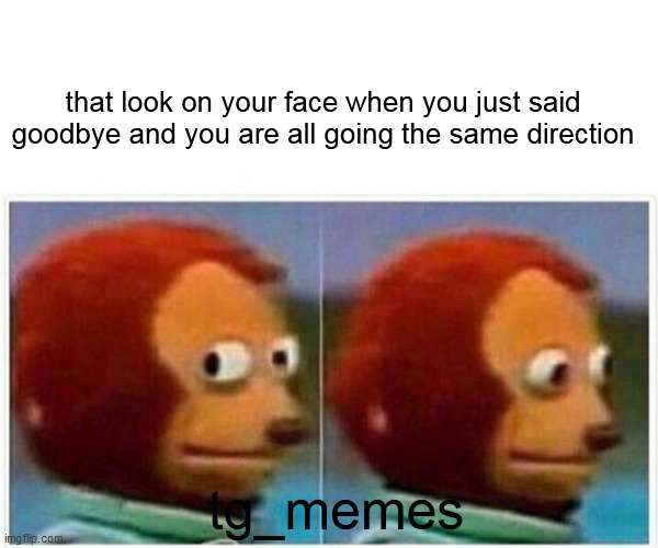 Monkey Puppet | that look on your face when you just said goodbye and you are all going the same direction; tg_memes | image tagged in memes,monkey puppet | made w/ Imgflip meme maker