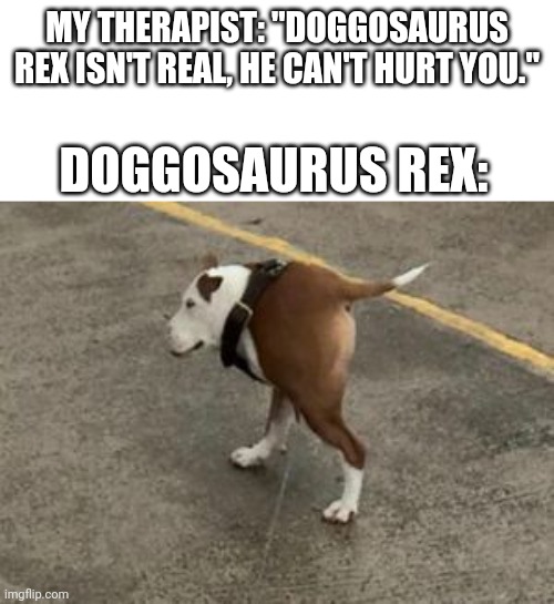 Doggosaurus Rex | MY THERAPIST: "DOGGOSAURUS REX ISN'T REAL, HE CAN'T HURT YOU."; DOGGOSAURUS REX: | image tagged in dog memes,funny dog,funny memes,funny meme,funny dogs,brimmuthafukinstone | made w/ Imgflip meme maker