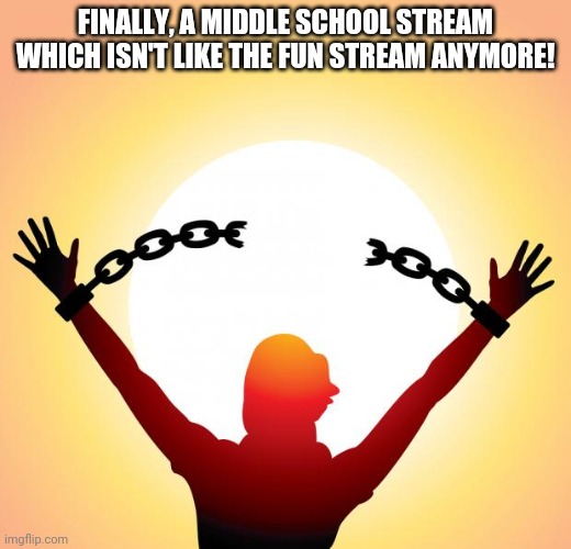 I've found it | FINALLY, A MIDDLE SCHOOL STREAM WHICH ISN'T LIKE THE FUN STREAM ANYMORE! | image tagged in freedom,memes | made w/ Imgflip meme maker