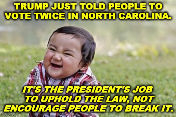 A Lawless President | TRUMP JUST TOLD PEOPLE TO VOTE TWICE IN NORTH CAROLINA. IT'S THE PRESIDENT'S JOB 
TO UPHOLD THE LAW, NOT ENCOURAGE PEOPLE TO BREAK IT. | image tagged in memes,evil toddler,trump,vote,illegal,criminal | made w/ Imgflip meme maker